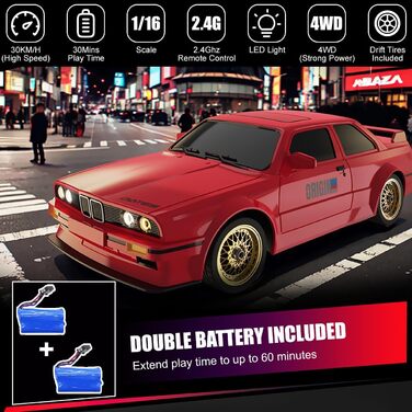 RC Автомобіль для дівчаток 1:16, Дрифт-кар зі світлодіодами 2.4GHz 4WD, Швидкість 30км/год, RTR, 2 акумулятори та дрифт-шини