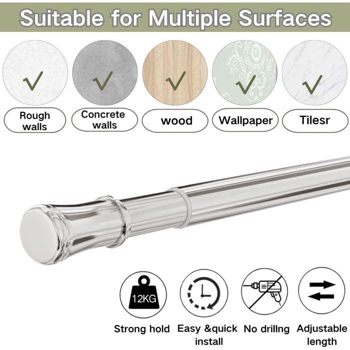 Телескопічна штора-карниз без свердління 85-265 см (Ø 32 мм), розсувна штанга для ванної кімнати, гардероба та DIY-проєктів, срібляста
