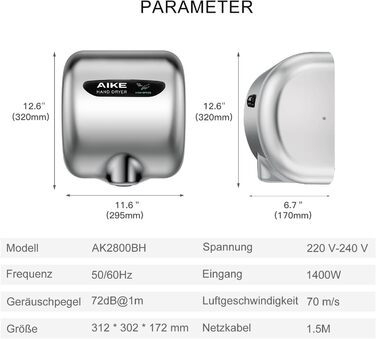 Електричний сушар для рук AIKE AK2800B ECO з датчиком, HEPA-фільтром та нержавіючою сталлю, 10-15 сек сушіння