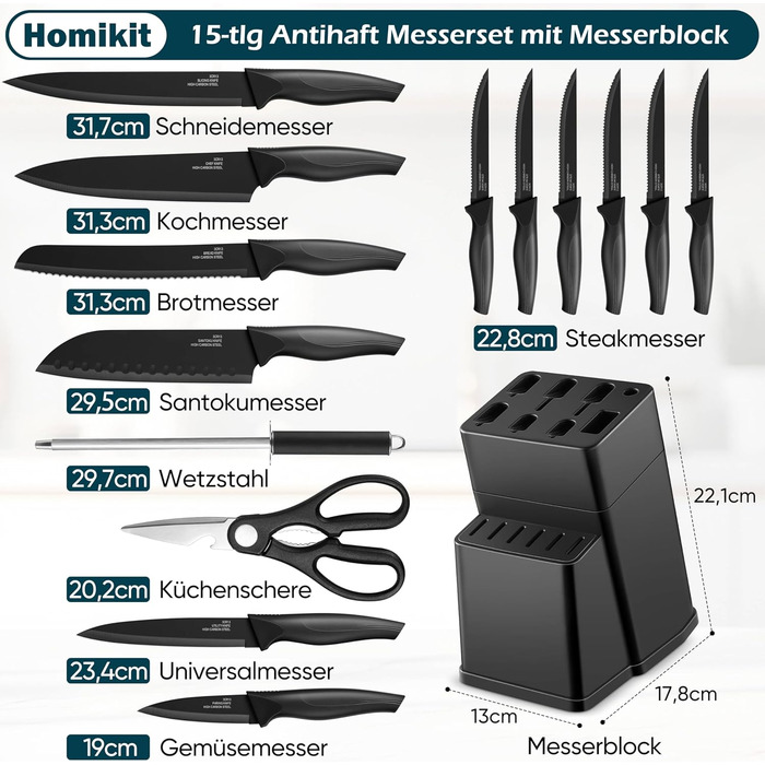 Набір ножів Homikit 15 предметів з підставкою: кухонні ножі з нержавіючої сталі, веточки, 6 ножів для стейків, чорний