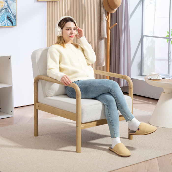 Крісло Акцентне, м'яке крісло з тканинною оббивкою, каркас з каучукового дерева, сучасне крісло з подушкою, біле