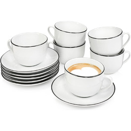 Набір чашок з блюдцем SÄNGER Marlo Black Rim (12 шт.), 6 персон, порцеляна, 200 мл | Преміум якість