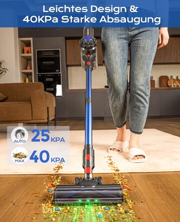 Бездротовий акумуляторний пилосос V15: 50 хвилин роботи, 40KPA, 450W, LED, для видалення шерсті тварин, темно-синій