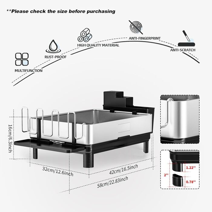 Сушарка для посуду Ewaiira з нержавіючої сталі, чорна, 1 ярус, з обертовим краном 360° та тримачем для столових приладів