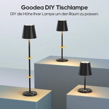 LED лампа настільна бездротова GOODEA з регулюванням висоти, 5500mAh, 3 кольори, диммування, вологостійка, з сенсорним керуванням, алюміній, для вітальні, спальні, тераси, чорна, набір 2 шт.