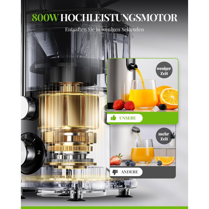 Шокер-віджимач GDOR 800W з нержавіючої сталі, 76 мм, 3 швидкості, для фруктів та овочів, швидке віджимання, легкий у чищенні, BPA-free