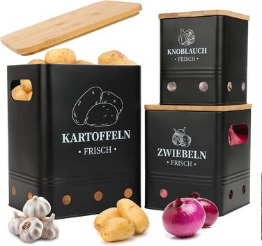 Набір контейнерів для зберігання картоплі, цибулі та часнику, 3 шт. з бамбуковим кришками, чорного кольору. Зберігає овочі свіжими довше, стійкий, складений.