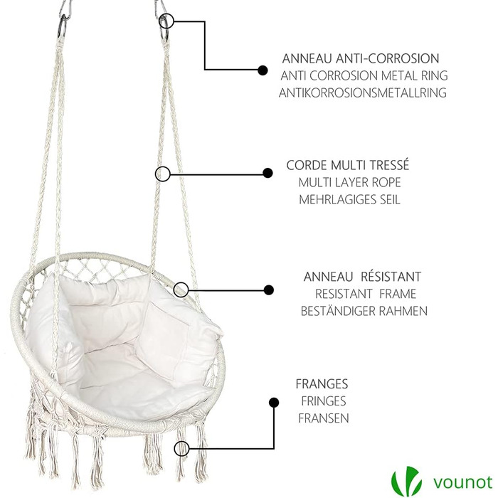 Підвісне крісло-гойдалка VOUNOT з полицею для книг та подушкою, Ø 80 см, бежеве, X-Large, для дому та саду