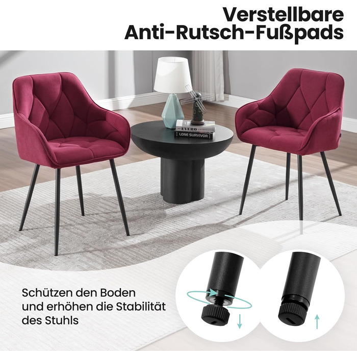 Набір з 2-х обідніх стільців WOLTU, для вітальні та кухні, ергономічні, з підлокітниками, м'яке сидіння з оксамиту (Бордо)