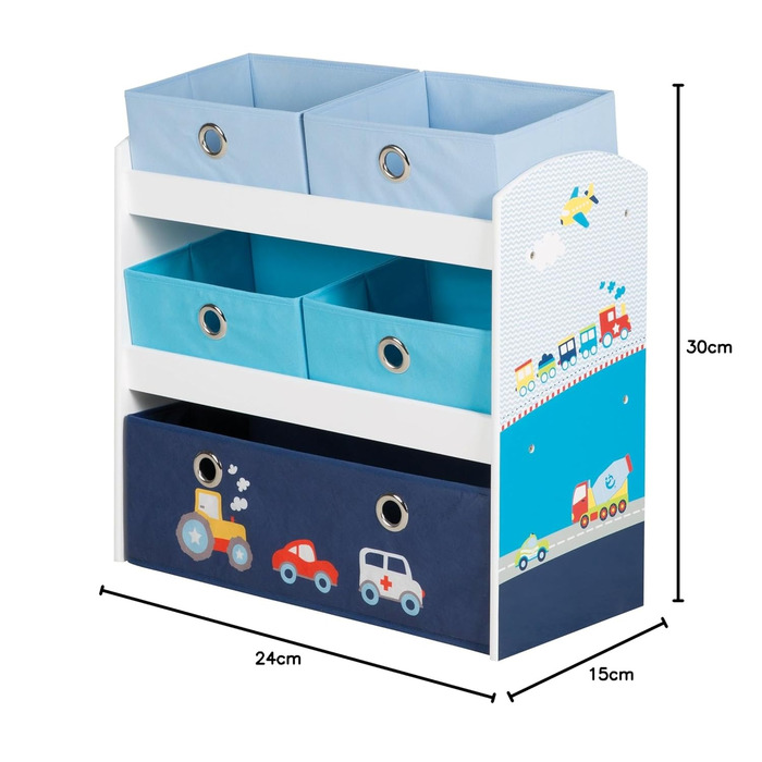 Поличка для іграшок Roba Rennfahrer - органайзер для дитячої кімнати з 5 ящиками з тканини, блакитний колір, з малюнком машинок, для хлопчиків та дівчаток, біле дерево