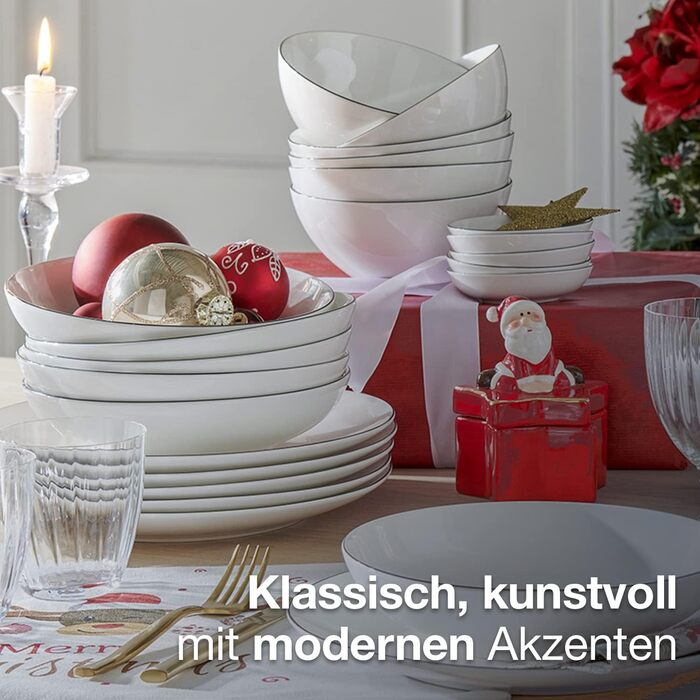 Набір посуду на 6 осіб, 18 предметів, білий з чорним обідком (Tafelservice). Включає: 6 тарілок для десерту, 6 кавових чашок, 6 підставок під кавові чашки.