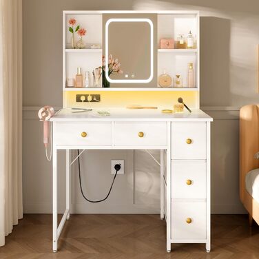 Дзеркальний туалетний столик ODK з регульованим LED-дзеркалом, USB-роз'ємами та RGB-підсвіткою, 5 висувними ящиками та 3 полицями, білий, 90×40×139 см