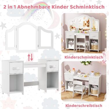 Дитячий туалетний столик MAMIZO 2 в 1 з дзеркалом та пуфом, рожево-білий, 108x30x114 см