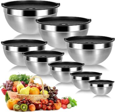 Набір мисок Cinnani з нержавіючої сталі, 8 шт. з кришками: для салатів, приготування їжі, міксеру. Багатофункціональні, стекувальні миски.