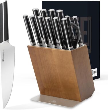 Набір ножів 14 предметів з бруском, кухонний набір ножів з дерев'яним бруском, леза з німецької сталі X50CrMoV15 (шеф-ніж, сантоку, ніж для стейка, ніж для овочів, ножиці). Чорний колір.