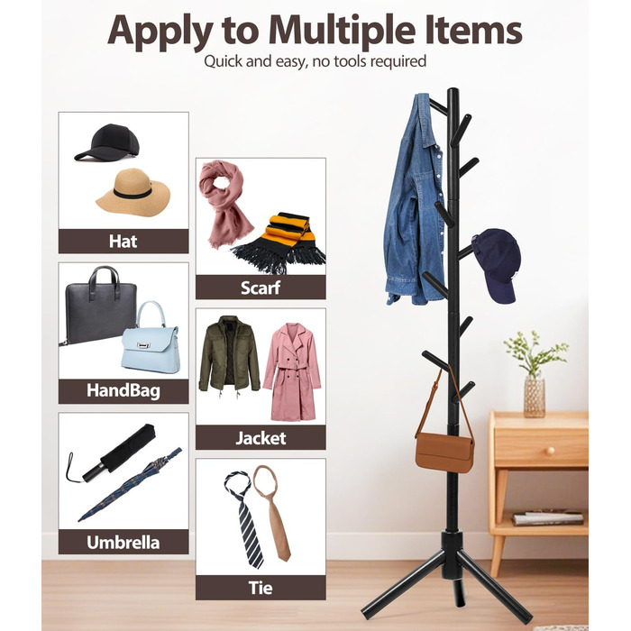 Підставка для одягу з бука, 9 гачків, 3 положення по висоті, для шапок, шарфів, сумок (білий/чорний)
