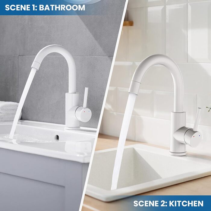 Змішувач для ванної кімнати/кухні Auralum з поворотним гусаком 360°, з високоякісної латуні, з підключенням 60 см, однорідний змішувач (білий)