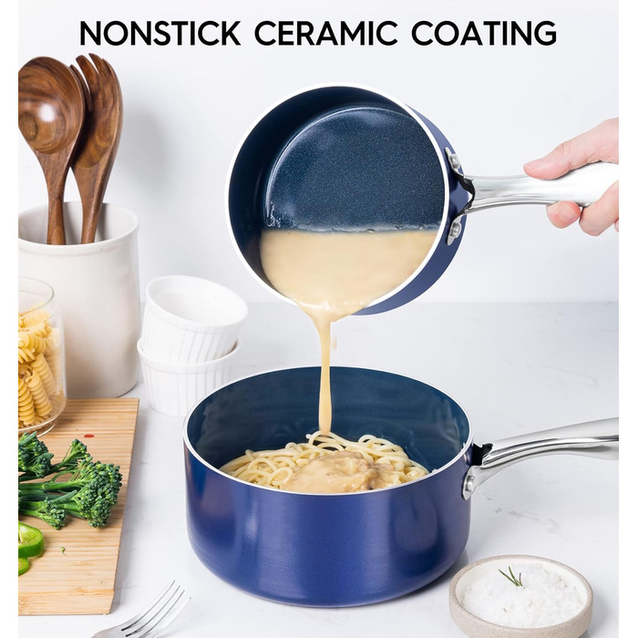 Набір каструль Michelangelo з керамічним покриттям, 1.5л, 2л, 3л, з кришкою, з нержавіючої сталі, синій, для плити та духовки