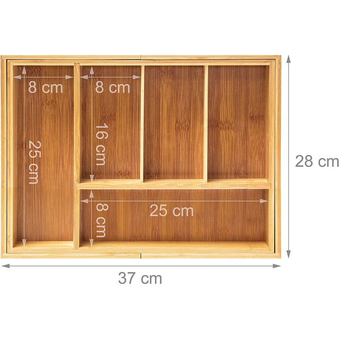 Висувний ящик для столових приладів Relaxday HBT бамбукова вставка для столових приладів 5x48, 5x28 см з 5-7 відділеннями в якості кухонного органайзера і підставки для столових приладів.