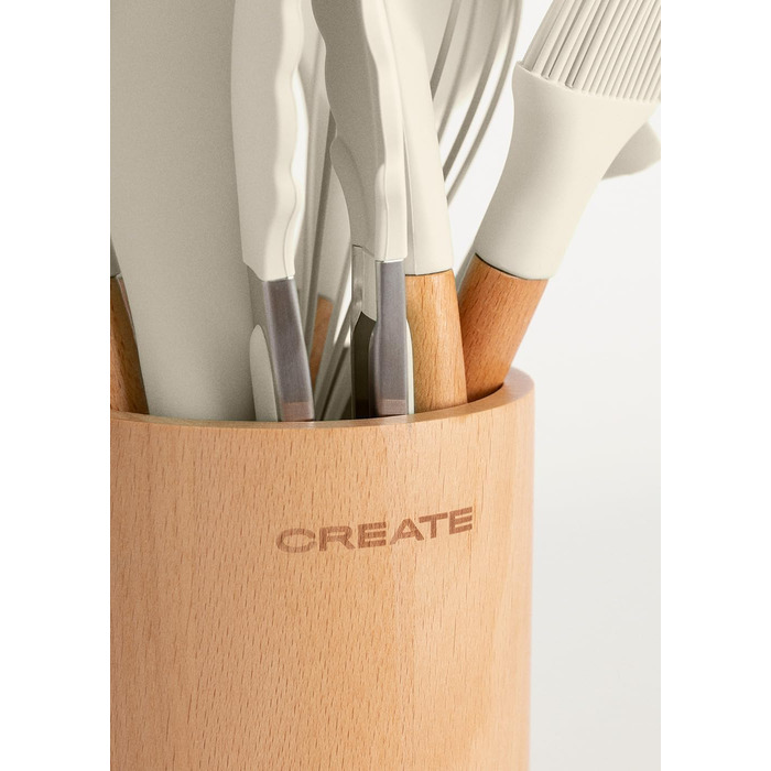 Набір кухонного приладдя 11 предметів, кремово-білий та дерево, силікон та букове дерево, BPA-free, стійкий до тепла до 230°C