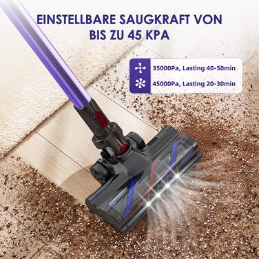 Акумуляторний пилосос бездротовий 45000 Па з сенсорним екраном, 50 хв роботи, контейнер 1.6 л, фільтр H13 HEPA, анти-заплутуюча щітка для підлоги/килима/шерсті тварин, фіолетовий