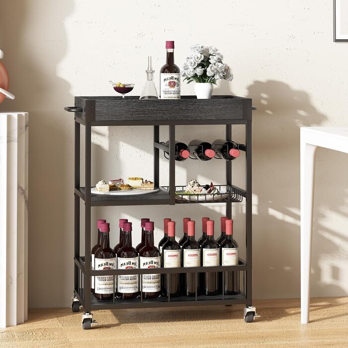 Сервізний візок Huhote з полицею для вина, барний візок, візок для напоїв, візок на колесах, візок для вина в їдальню, кухню, вітальню, бар, вечірку, з імітацією дерева (чорний, металевий кошик)