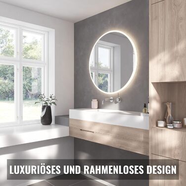 Дзеркало для ванної кімнати Loevschall Atlas з підсвічуванням, кругле, 60 см, без рами, сенсорне, LED-підсвічування, регулювання яскравості (80x80 см)