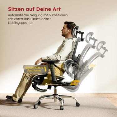 Ергономічне офісне крісло Voll-Mesh з підголівником, підставкою для ніг, регульованою спинкою, підлокітниками, саморегульованою поперековою підтримкою, PU-колесами, поворотним на 360°, навантаження до 150 кг, (Світло-сірий)