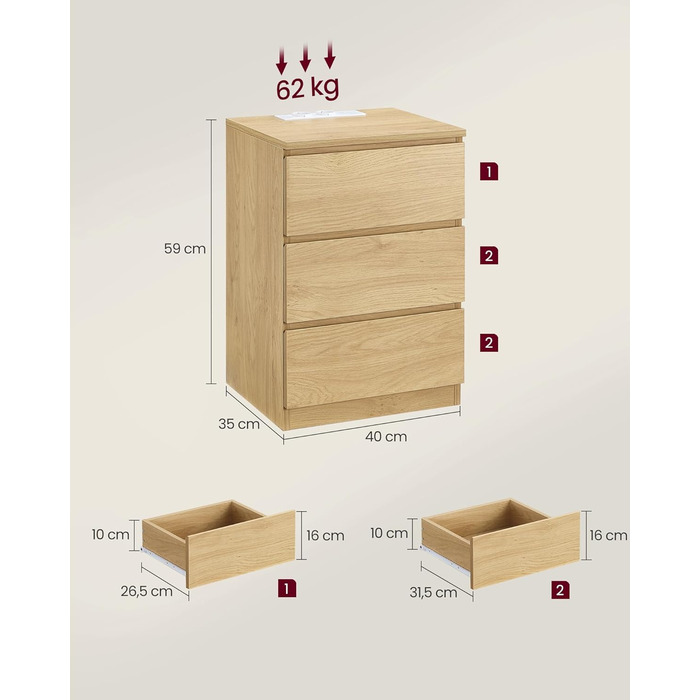 Приліжкова тумбочка VASAGLE Kailyn з розетками та USB-портами, 3 шухляди, сучасний дизайн, сіро-коричневий колір, LET831G01