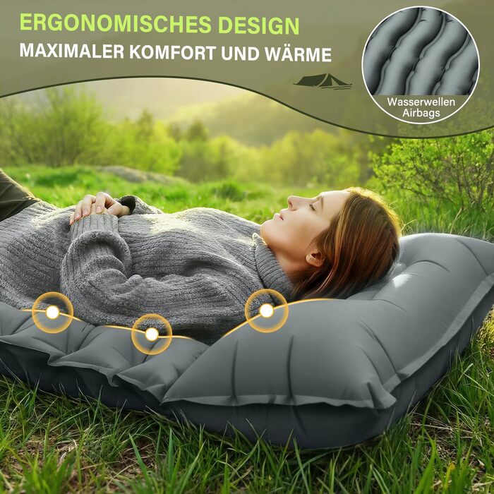 Надувний кемпінговий килимок Yuzonc Isomatte з вбудованим насосом та подушкою, компактний легкий матрац для походу та пляжу (Сірий)