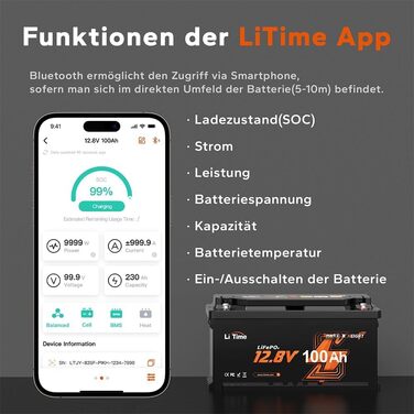 Акумулятор LiTime LiFePO4 12 В 100 Ач, Bluetooth, 4000 циклів, термін служби 10 років, заміна свинцево-кислотного