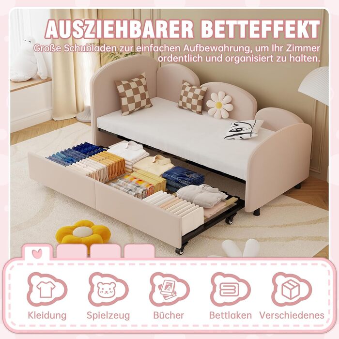 Дитяче ліжко-диван-трансформер 90x200 з висувною платформою, рожевий велюр, без матраца