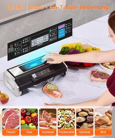 Вакууматор MZROT для продуктів харчування, -95кПа, 230Вт, з подвійним швом, 10 режимів (сухий/вологий), вбудованим різаком, чорно-сріблястий (в комплекті рулон та 15 пакетів)