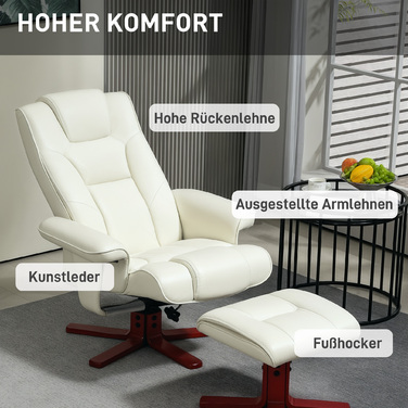 Крісло HOMCOM з пуфом, імітація шкіри, регульоване спинка, до 150 кг, кремовий