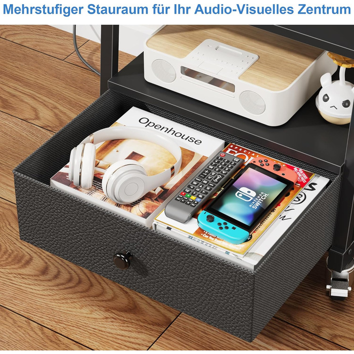 Підставка для телевізора на колесах з ящиком, чорна, 140 см. Підходить для телевізорів 32-75 дюймів