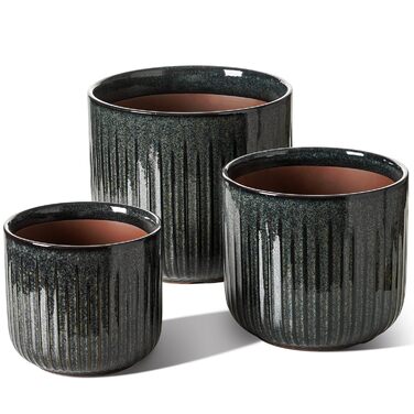 Набір горщиків для квітів LE TAUCI 3 шт. з кераміки, 21+17+14 см, з дренажними отворами, реактивна глазур, темно-оливковий колір