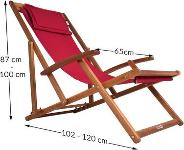 Лежак для відпочинку Casaria® з дерева, вологостійкий, складний, регульований, до 160 кг, підлокітники, подушка для шиї, для саду та балкону, акація, 94x94x60 см (Бордовий)