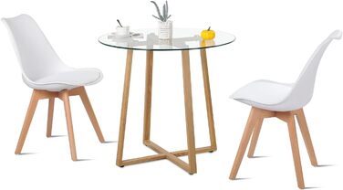 Обідній стіл HJ WeDo з 2 стільцями, круглий скляний стіл у скандинавському стилі, білий, для балкону, вітальні та їдальні