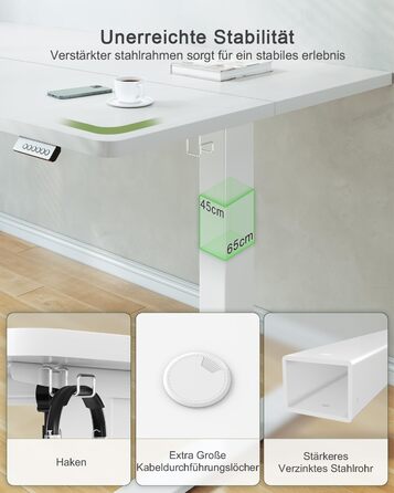 Електричний стіл JUMMICO 100x60 см з USB-зарядкою, білий - регульована висота, для офісу та дому