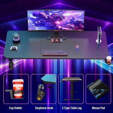 Ігровий стіл Himimi 180x70x80 см з LED підсвічуванням, стільниця з карбону, органайзер для кабелів, тримач для напоїв та кріплення для навушників (Чорний)