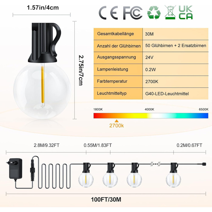 Світлодіодні зовнішні струнні світильники 20 м, 32 лампочки G40, стійкі до погодних умов для саду, балкона, прикраси вечірки