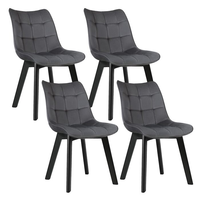 Елегантні стільці для їдальні EUGAD, комплект з 4 шт., для кухні, вітальні, їдальні. М'яке сидіння з велюру, дерев'яні ніжки, до 150 кг, темно-сірий колір.