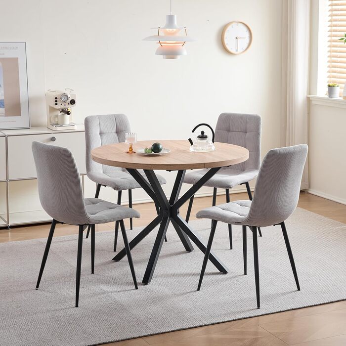 Комплект обідньої групи 5-ти частинний: круглий стіл 100 см та 4 стільці (голландський фліс). Підходить для кухні, вітальні, балкону, ресторану, офісу. Темне дерево + світле дерево/сірий (Cord).