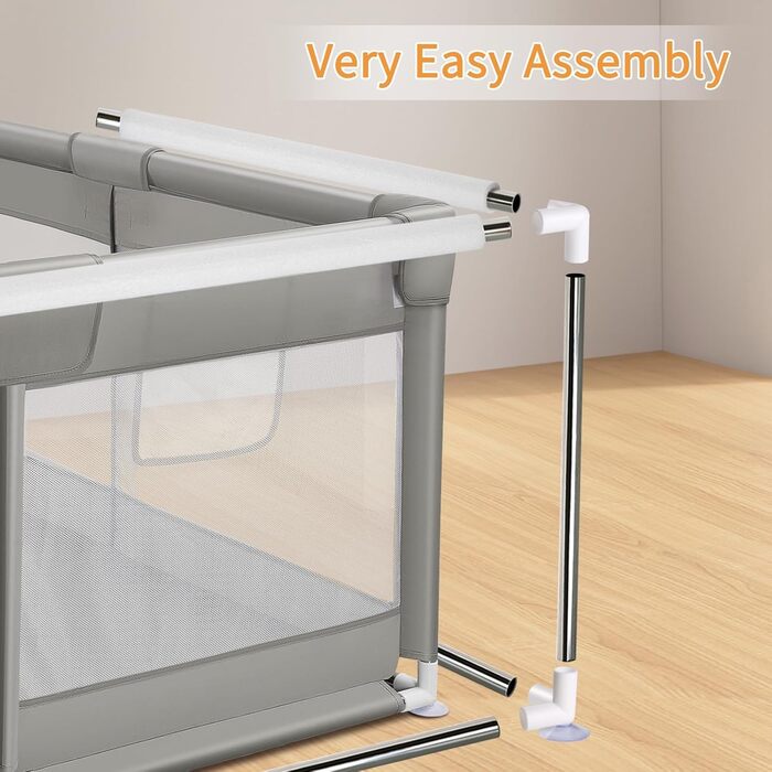 Дитячий манеж-ігровий центр з матрацом, басейн з кульками (50 кульок у комплекті) та 4 ручками для тримання. Розмір 124x124 см, дихаюча сітка, матеріал 210D Oxford, колір темно-сірий.