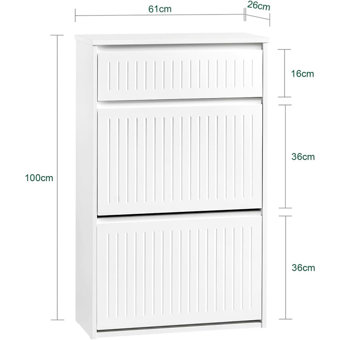SoBuy Взуттєва шафа з 2 відкидними дверцятами, полицями та висувною шухлядою, біла, 61x100x26 см (FSR165-W)