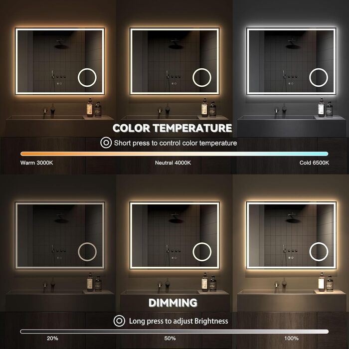 Дзеркало для ванної кімнати з LED-підсвічуванням Dripex, 50x70 см, сенсорне керування, антизапар, холодне біле світло 6400K, енергозберігаюче