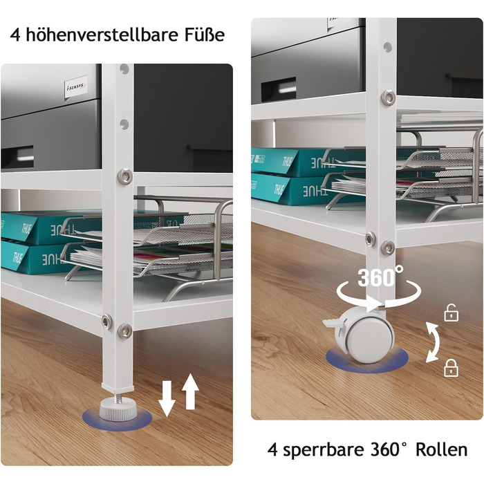 Тристопельний стіл для принтера з розеткою та USB-портами, регульовані полиці, роликовий стійка для дому/офісу, для 3D/лазерного друку, термопреса (білий, 60 см)