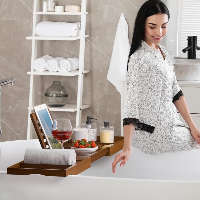 Підставка для ванни з текового дерева, розширювана, для ванної кімнати, дерев'яна, як унікальний подарунок на новосілля