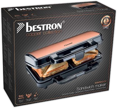 Бутербродниця Bestron XL, тостер для сендвічів з антипригарним покриттям на 2 сендвічі, в т.ч. автоматичний контроль температури та індикатор готовності, 900 Вт, колір чорний/мідь