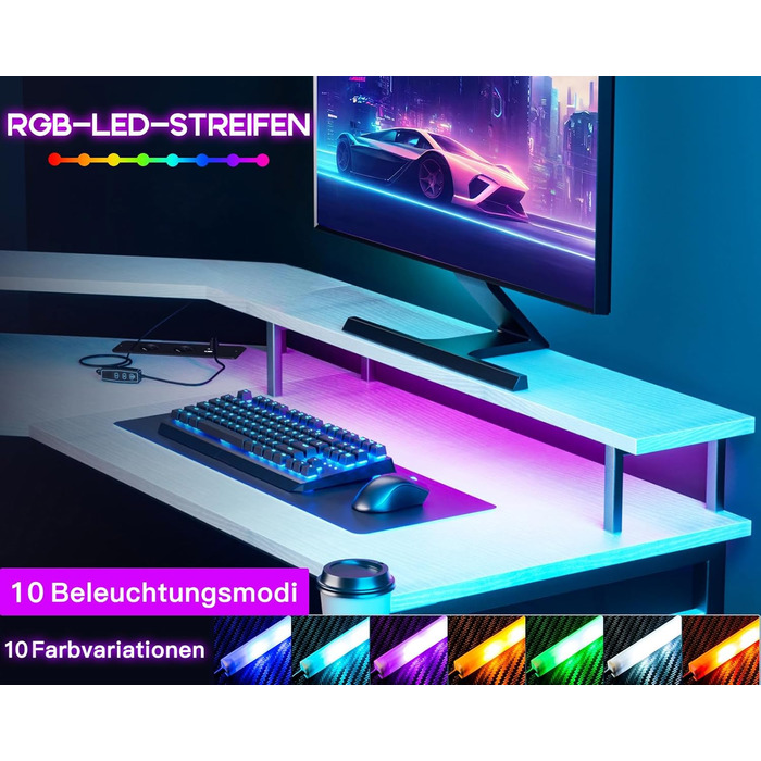 Ігровий стіл ODK 129x129 см з LED підсвіткою, 2 розетки та 2 USB, для ПК та комп'ютера, білий